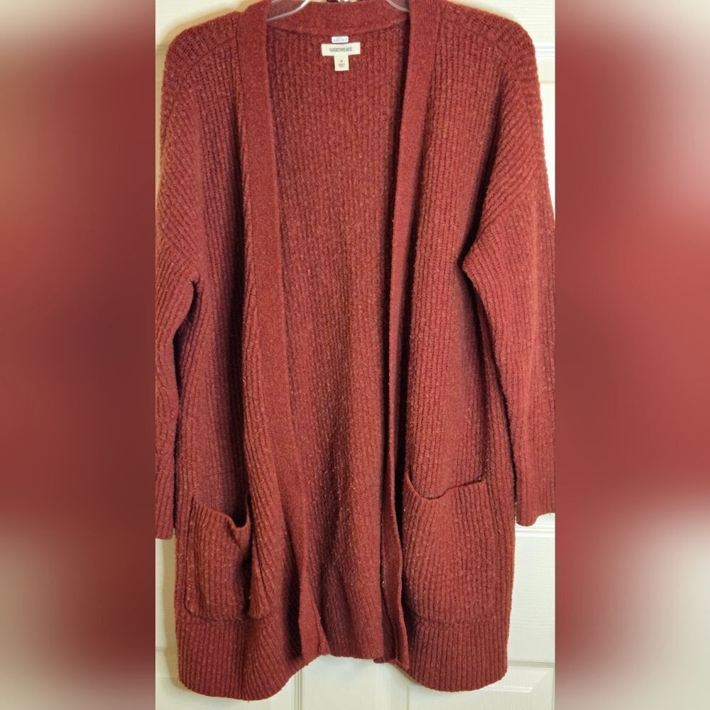 Goodthreads M BurntAmber Waffel Knit Pockets WOOL Blend Lslv Women Open Cardigan